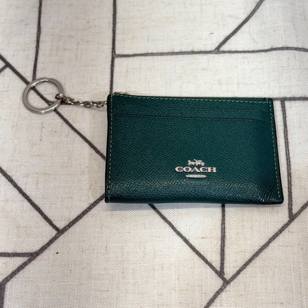 Coach Mini Skinny ID Case OS Green Crossgrain Leather Card Holder Keychain READ